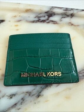 Michael Kors Green Croc-Embossed Leather Card Case with Gold Logo
